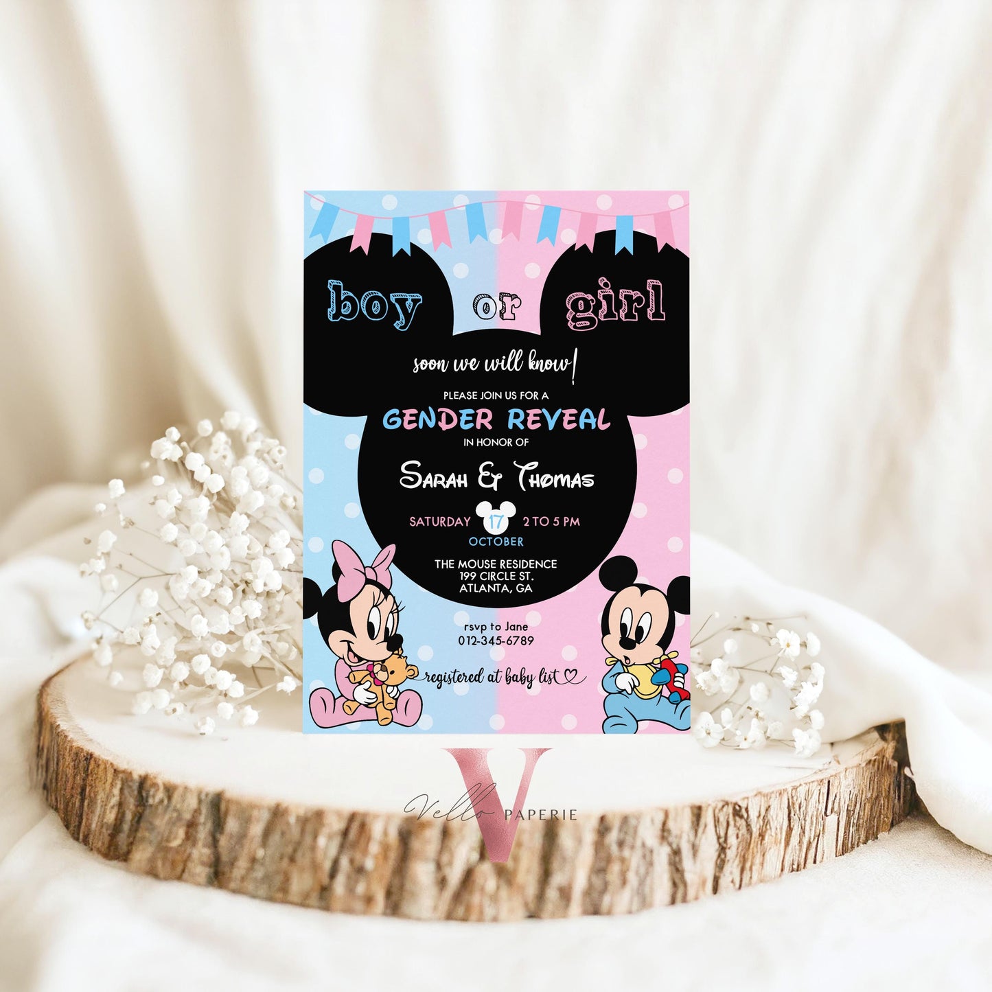 Minnie Mickey Mouse Baby Shower Invitation | Editable Printable Blue Pink Baby Shower Party Invite | Boy or Girl Gender Reveal Party MBS02