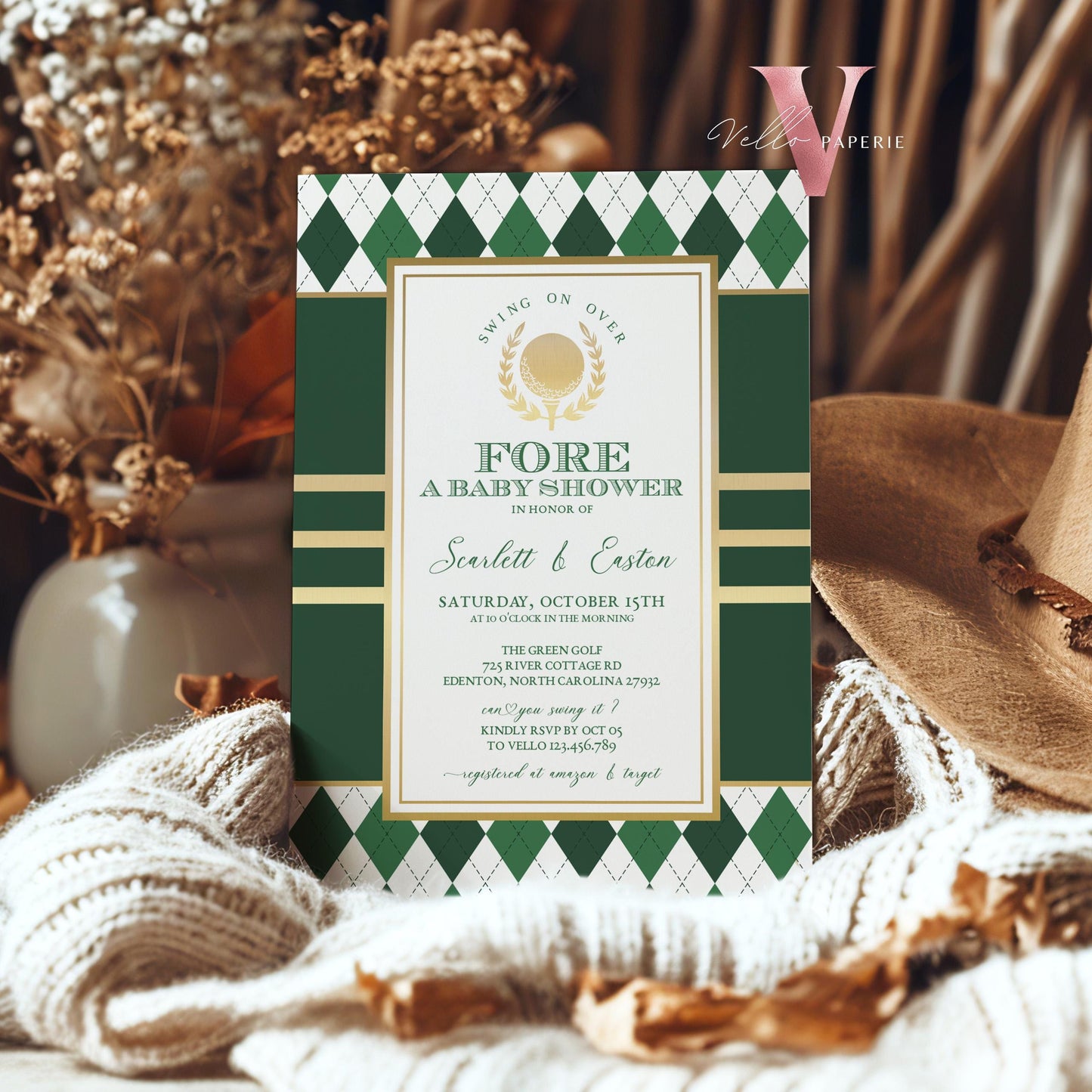 White Green Gold GOLF Baby Shower Invitation | Emerald Green Golf Themed Par-tee For Baby | Boy or Girl Gender Reveal Golf Party Invite