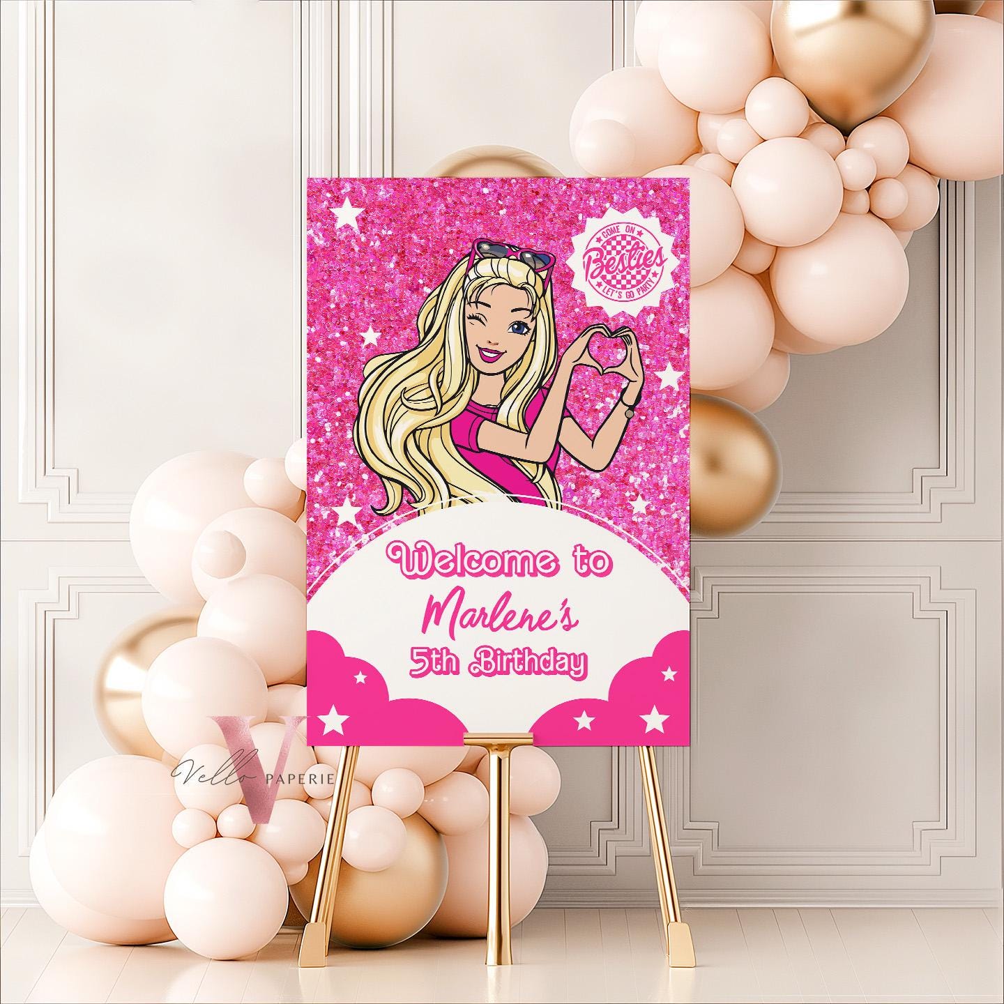 Cartoon Hot Pink Doll Birthday Welcome Sign | Self Editable Sparkle Fashion Pink Doll Party Decor | Pink Sparkle Kid Party Favors Sign HPD02