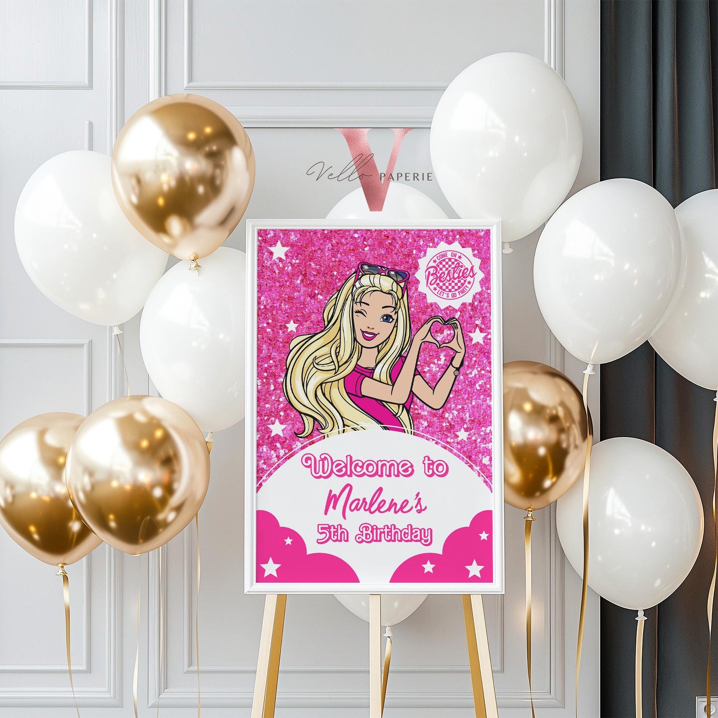 Cartoon Hot Pink Doll Birthday Welcome Sign | Self Editable Sparkle Fashion Pink Doll Party Decor | Pink Sparkle Kid Party Favors Sign HPD02