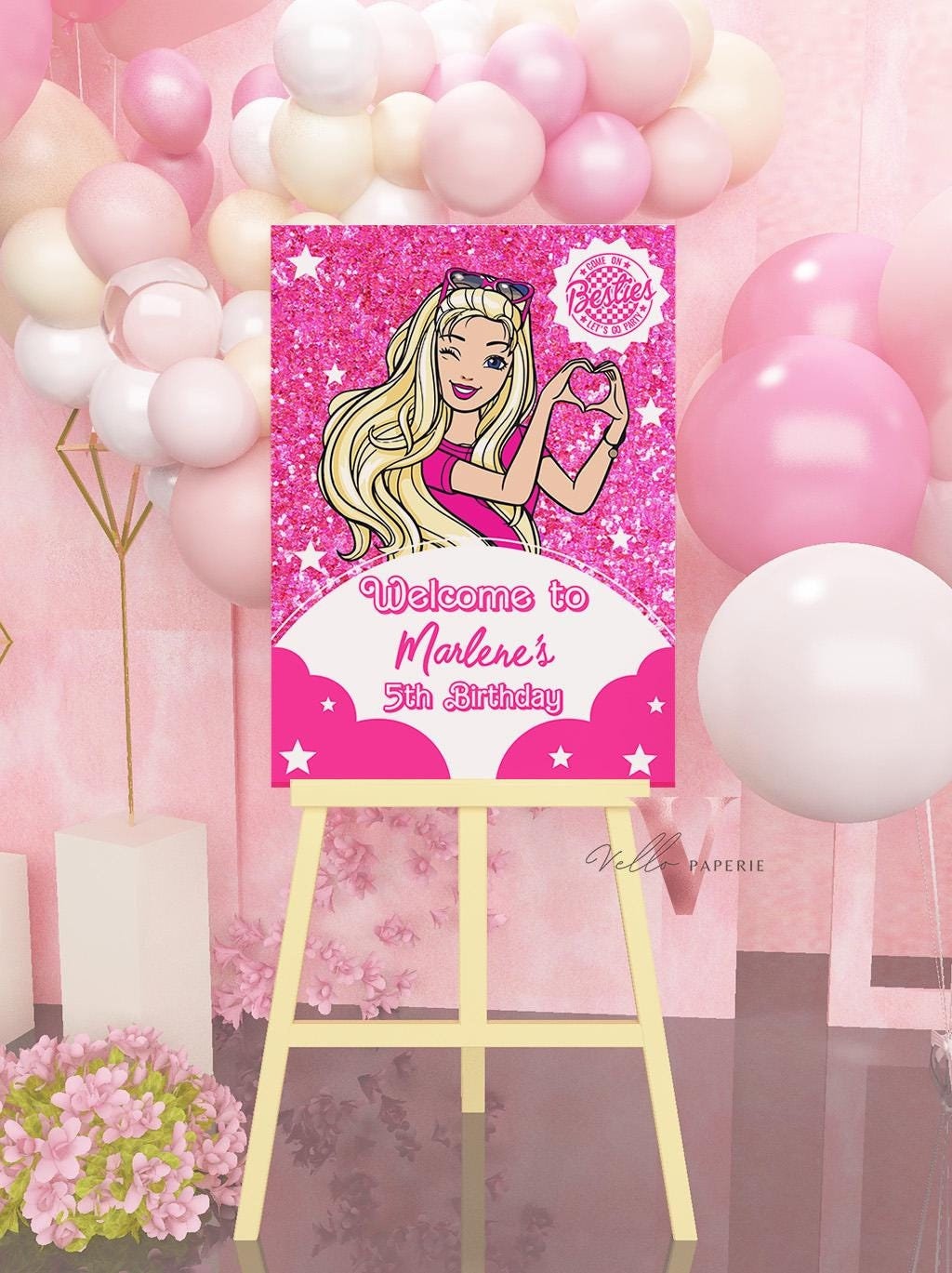 Cartoon Hot Pink Doll Birthday Welcome Sign | Self Editable Sparkle Fashion Pink Doll Party Decor | Pink Sparkle Kid Party Favors Sign HPD02