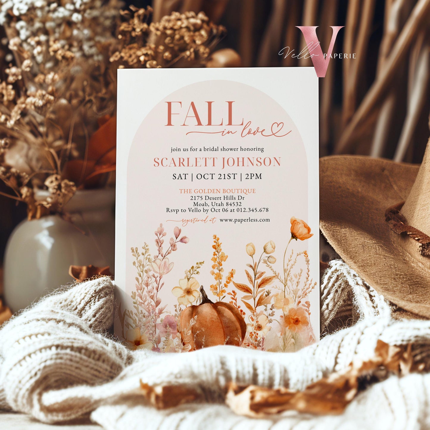 Pumpkin Fall In Love Bridal Shower Invitation | Editable Autumn Flower Bride Shower Invite | Modern Terracota Rustic Flower Wedding Shower