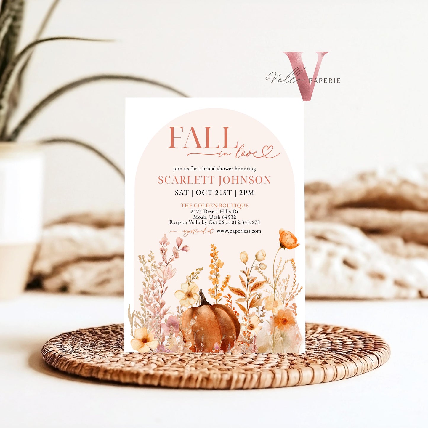 Pumpkin Fall In Love Bridal Shower Invitation | Editable Autumn Flower Bride Shower Invite | Modern Terracota Rustic Flower Wedding Shower