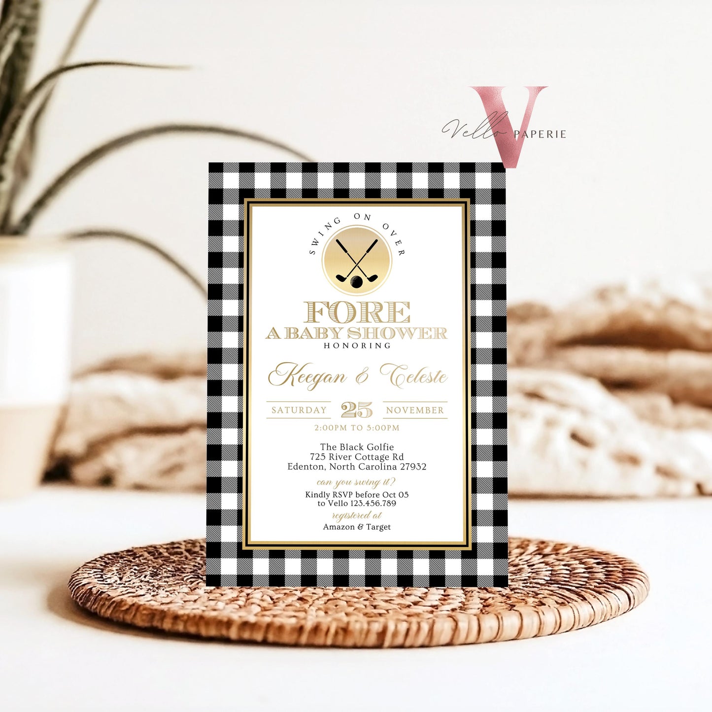 Black White Gold FORE Baby Shower Invitation | Editable Neutral Golf Themed Par-tee For Baby | Boy or Girl Gender Reveal Golf Party Invite