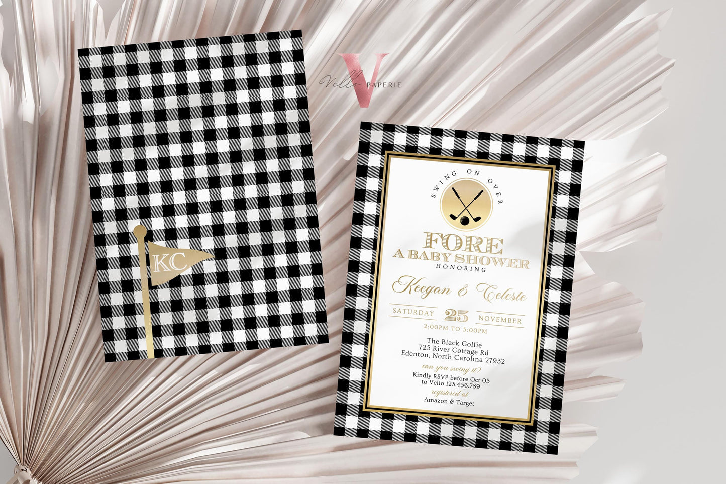 Black White Gold FORE Baby Shower Invitation | Editable Neutral Golf Themed Par-tee For Baby | Boy or Girl Gender Reveal Golf Party Invite