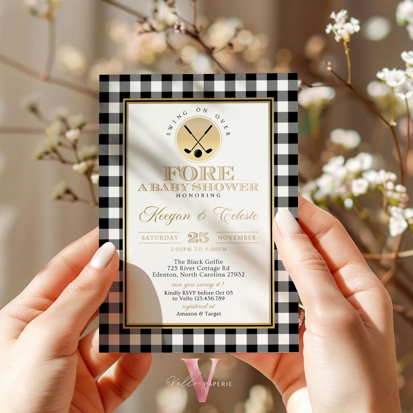 Black White Gold FORE Baby Shower Invitation | Editable Neutral Golf Themed Par-tee For Baby | Boy or Girl Gender Reveal Golf Party Invite