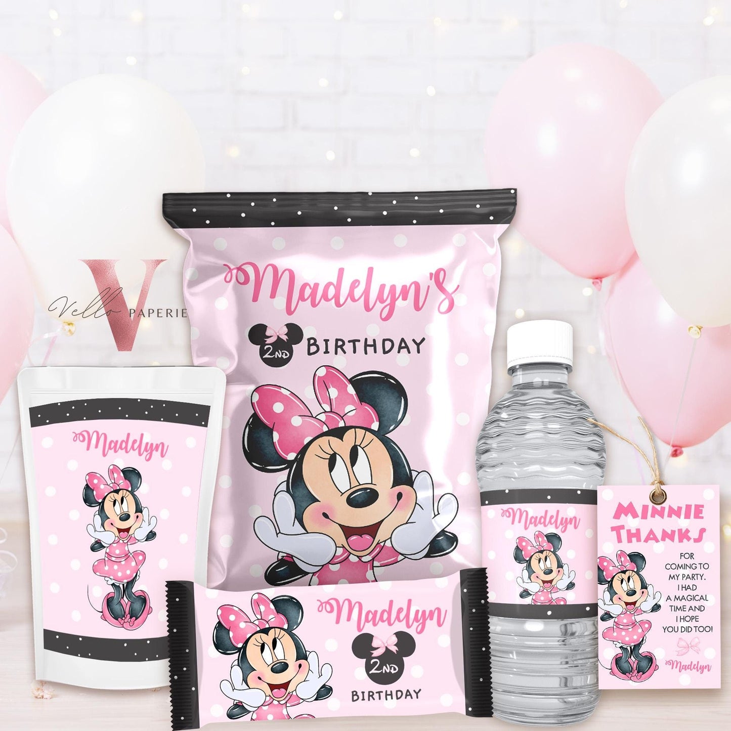 Minnie Mouse Birthday BUNDLE | Minnie Party Invitation, Welcome Sign, Party Favors, Chip Bag, Bottle Label, Caprisun, Rice Krispie Tag MMB01