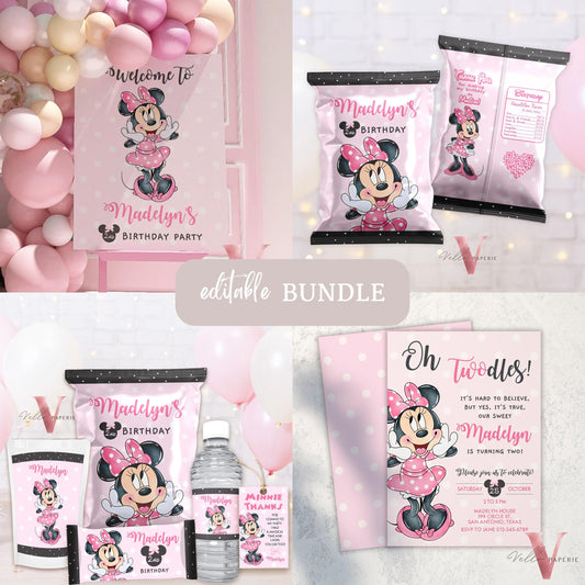 Minnie Mouse Birthday BUNDLE | Minnie Party Invitation, Welcome Sign, Party Favors, Chip Bag, Bottle Label, Caprisun, Rice Krispie Tag MMB01