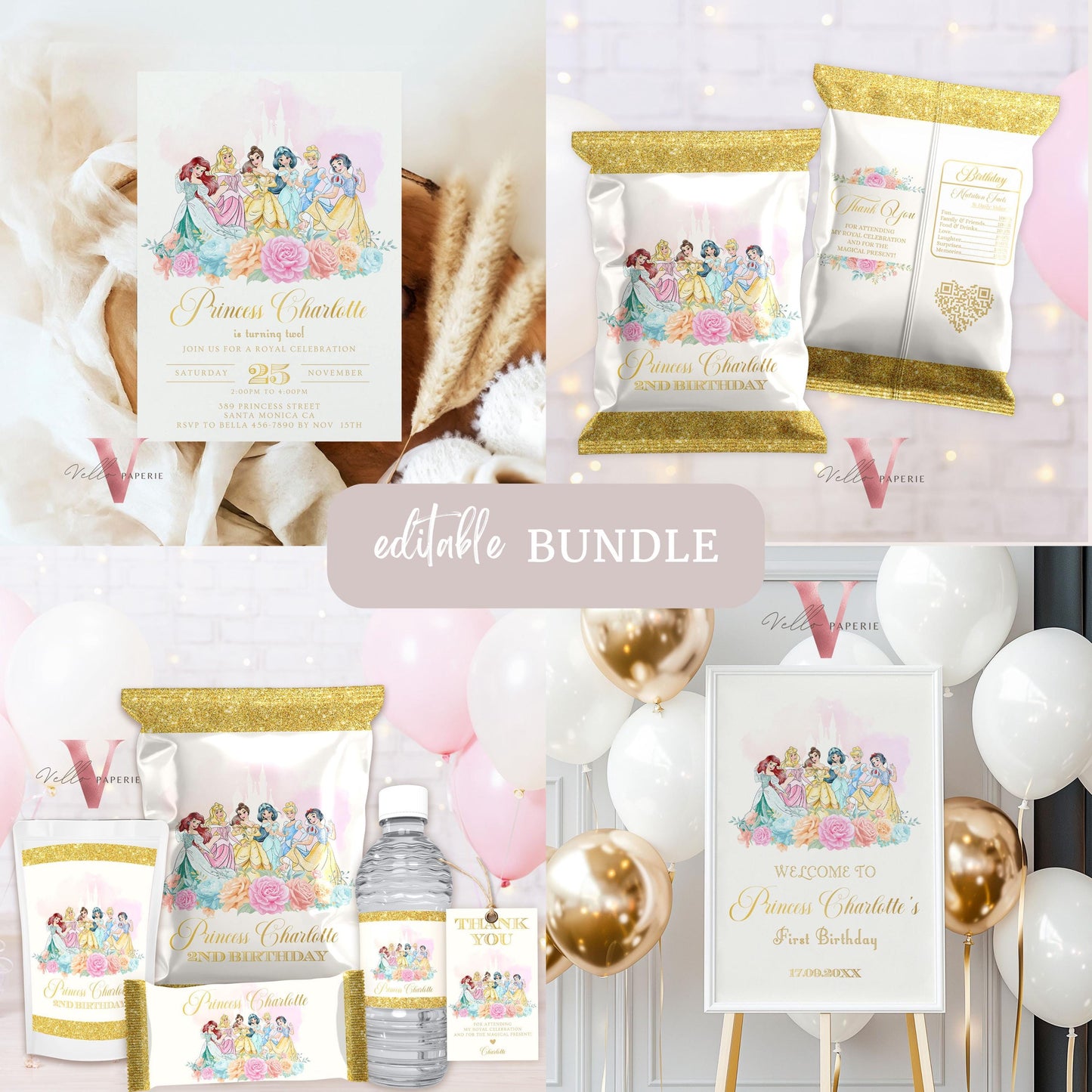 Princess Birthday Party BUNDLE | Beige Gold Princess Invitation, Welcome Sign, Chip Bag Water Bottle Label Caprisun Rice Krispi TQ Tag PB01