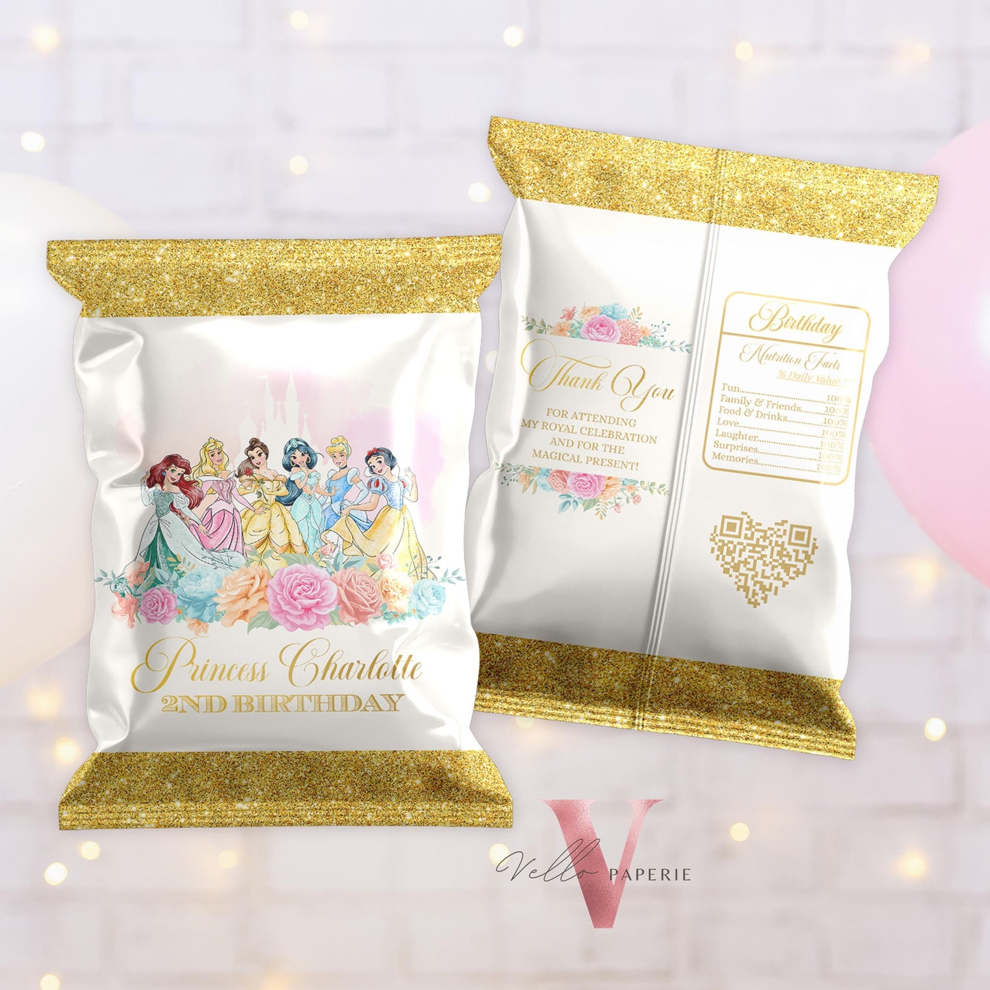 Princess Birthday Party BUNDLE | Beige Gold Princess Invitation, Welcome Sign, Chip Bag Water Bottle Label Caprisun Rice Krispi TQ Tag PB01