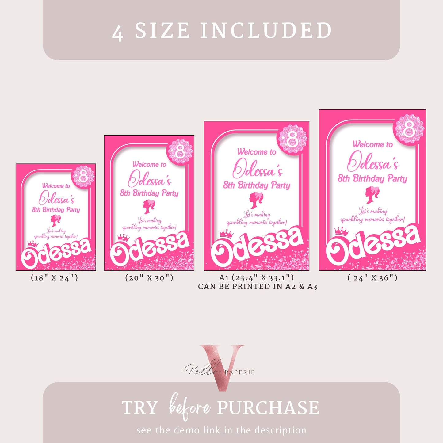 PHOTO Pink Doll Birthday BUNDLE | Sparkle Hot Pink Party Invite, Welcome Sign, Chips Bag Bottle Label Caprisun Rice Krispie TQ Cupcake HPD01