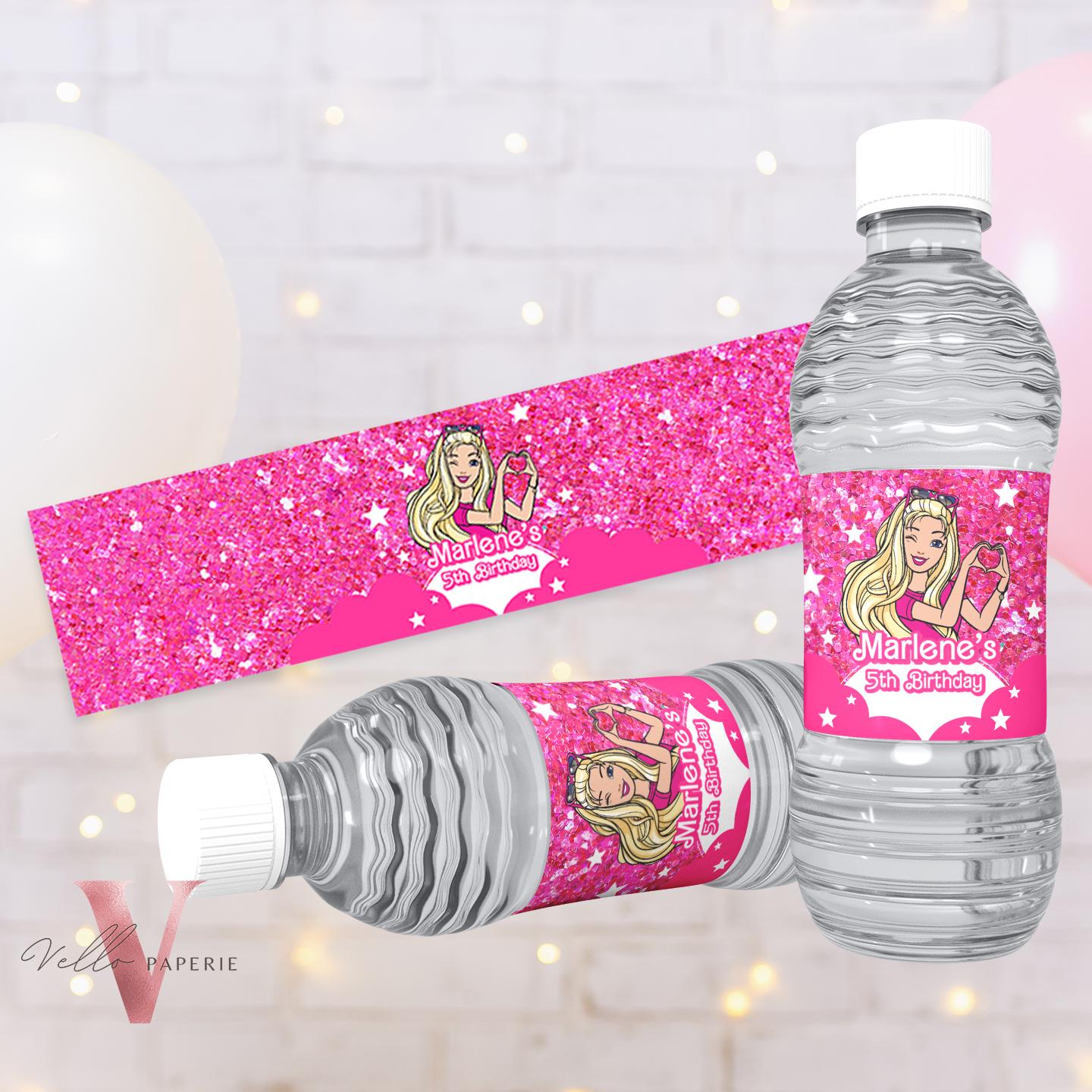 Hot Pink Doll Cartoon Birthday Water Bottle Label  | Sparkle Pink Doll Party Decor | Glitter Glam Pink Bottle Label Instant Download