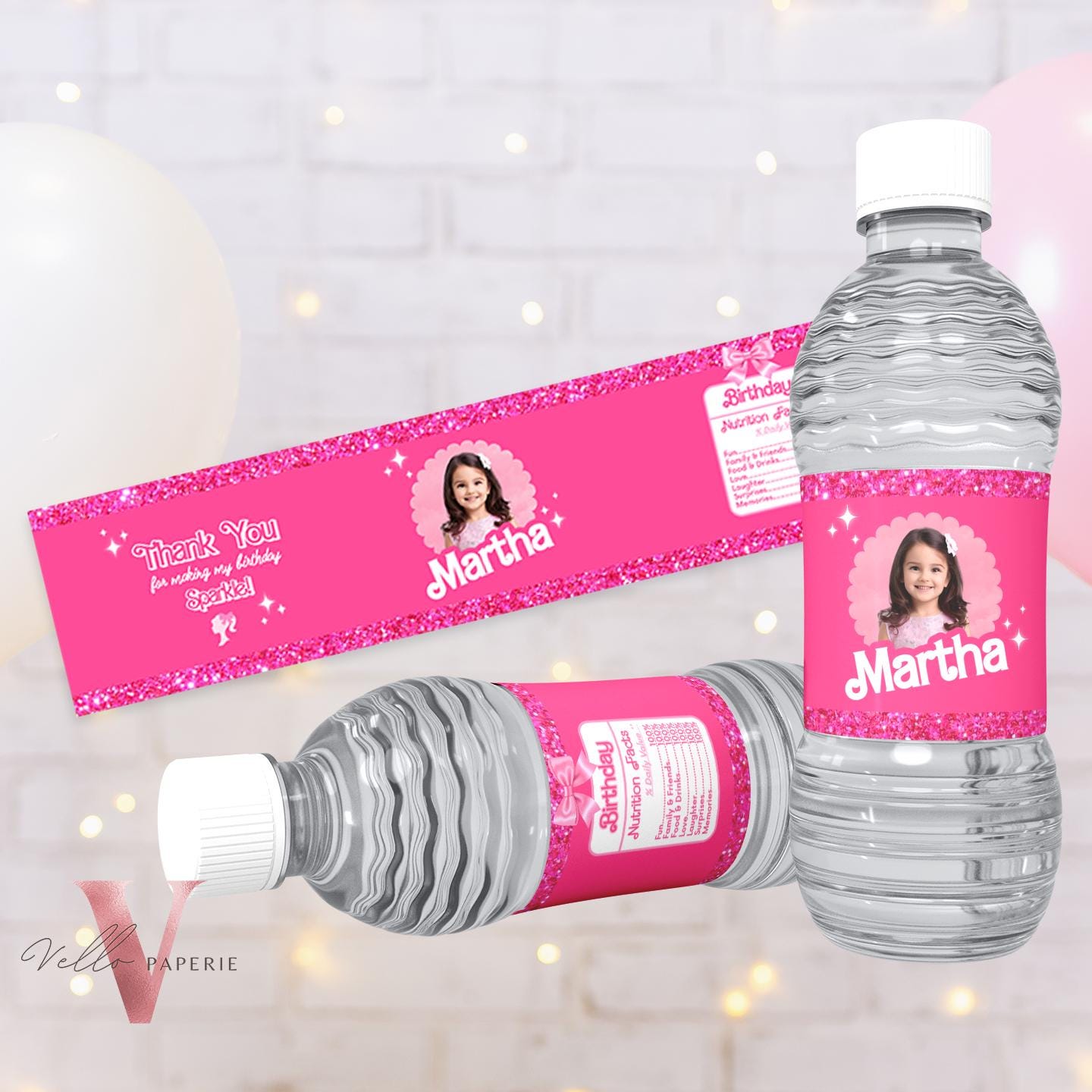 Photo Pink Doll Birthday Water Bottle Label | Sparkle Hot Pink Party Decor with Photo | Glitter Hot Pink Bottle Label Instant Download HPD01