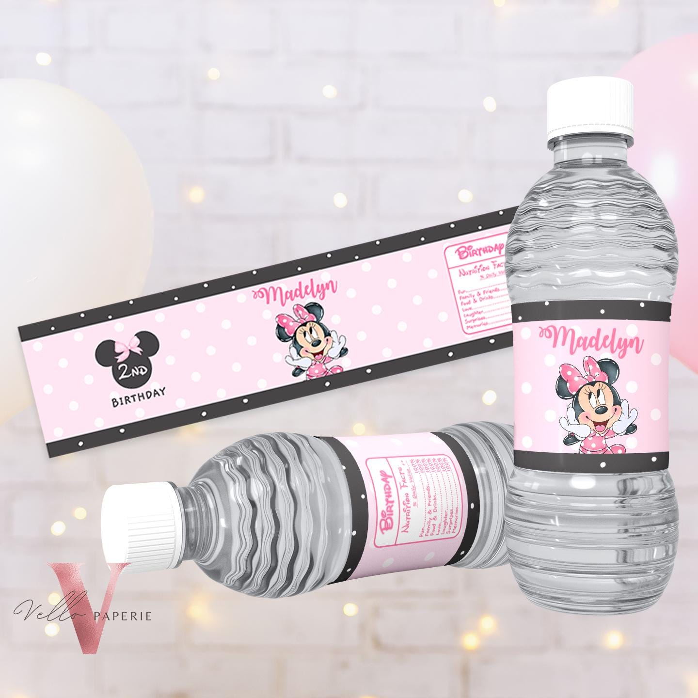 Self Editable Any Age Minnie Mouse Birthday Party Favors | Black Pink Polkadot Minnie Party Water Bottle Label, Party Decor MMB01