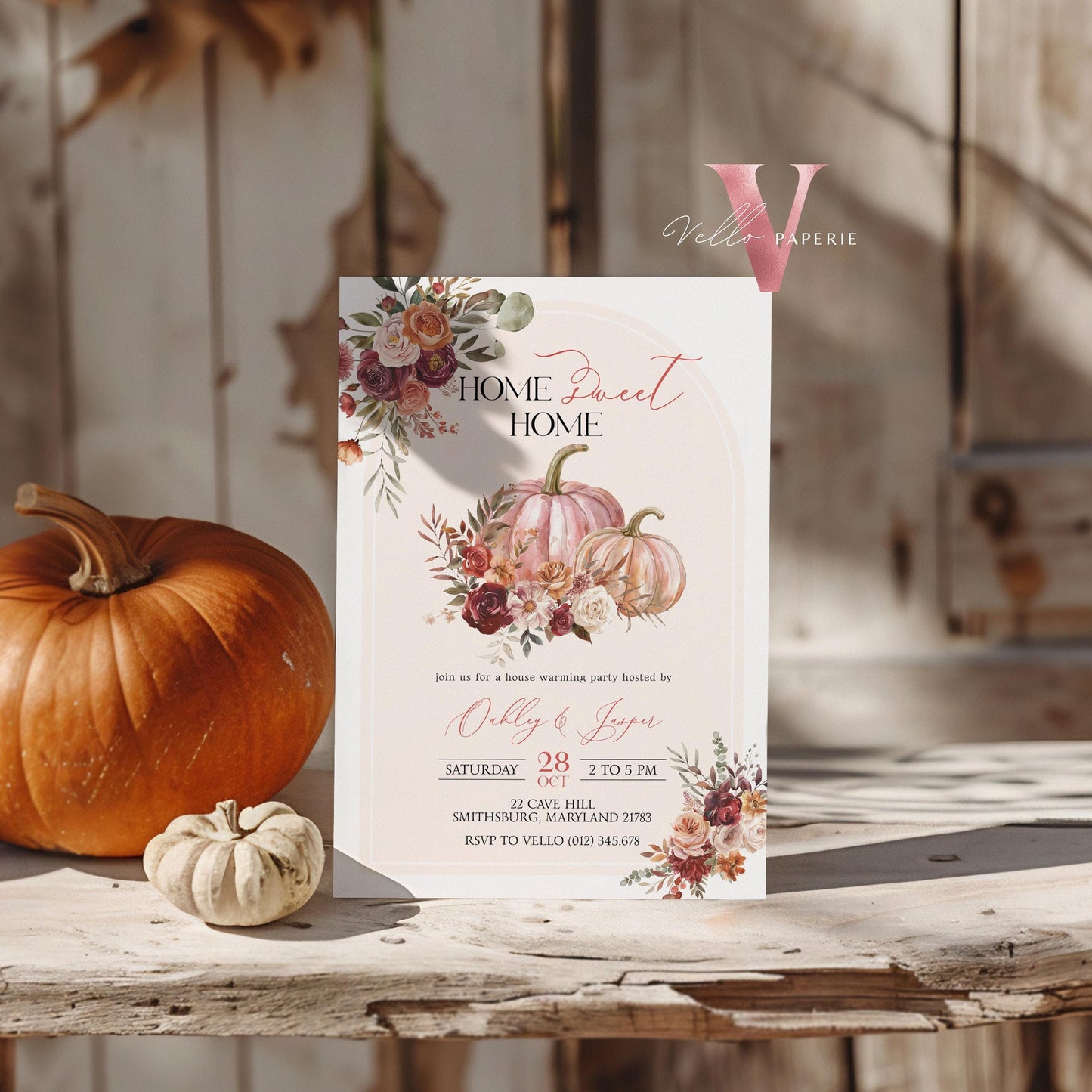 Autumn Floral House Warming Invitation | FALL Boho Pumpkin Home Sweet Home Party Invite | Modern Rustic New House Celebration Fall Flower