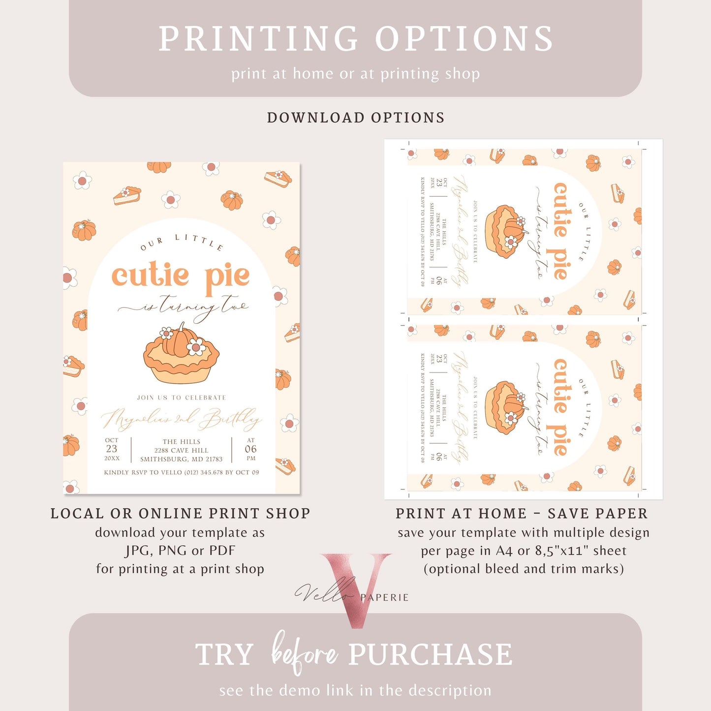 Cutie Pie ANY AGE Birthday Invitation | FALL Sweetie Pie Birthday Party Invite | Autumn Birthday | Gender Neutral Sweet Pie Themed Birthday