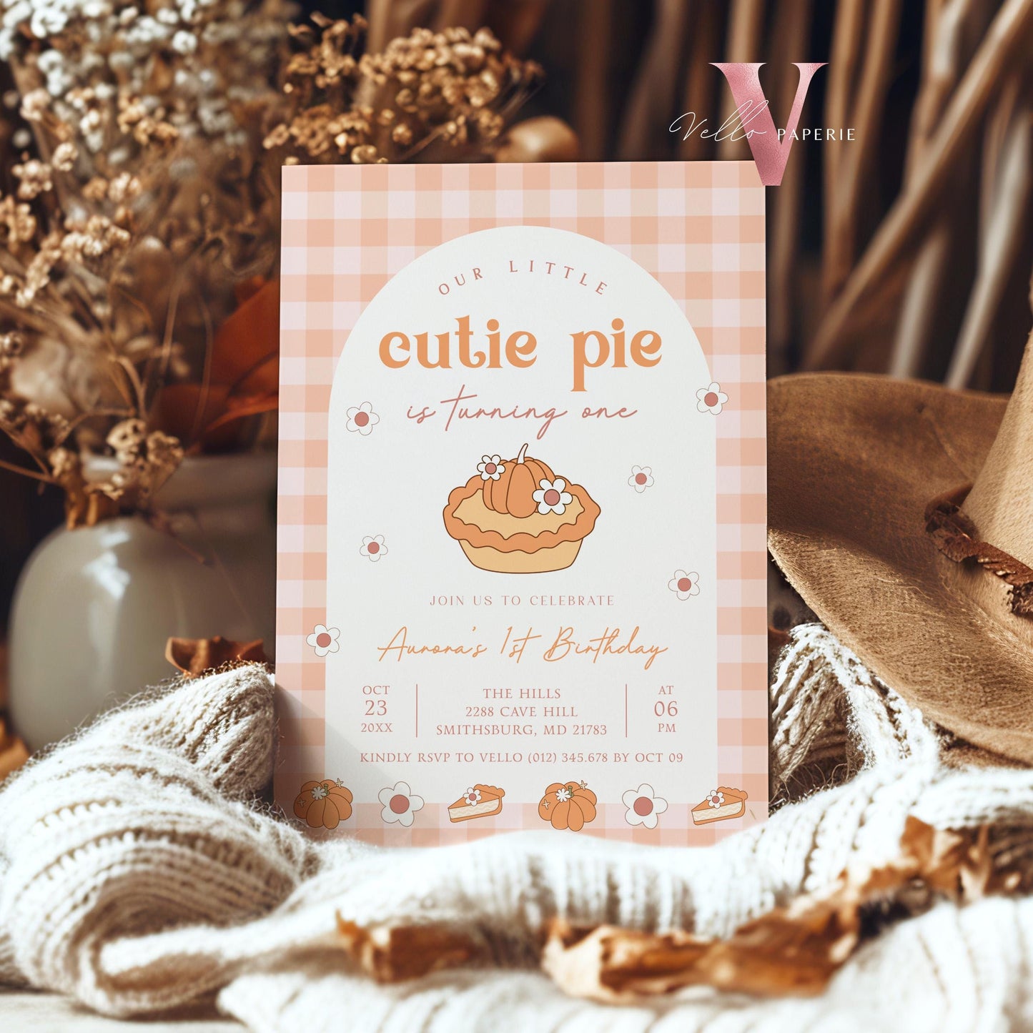 Cutie Pie ANY AGE Birthday Invitation | FALL Sweetie Pie Birthday Party Invite | Autumn Birthday | Gender Neutral Sweet Pie Gingham Birthday