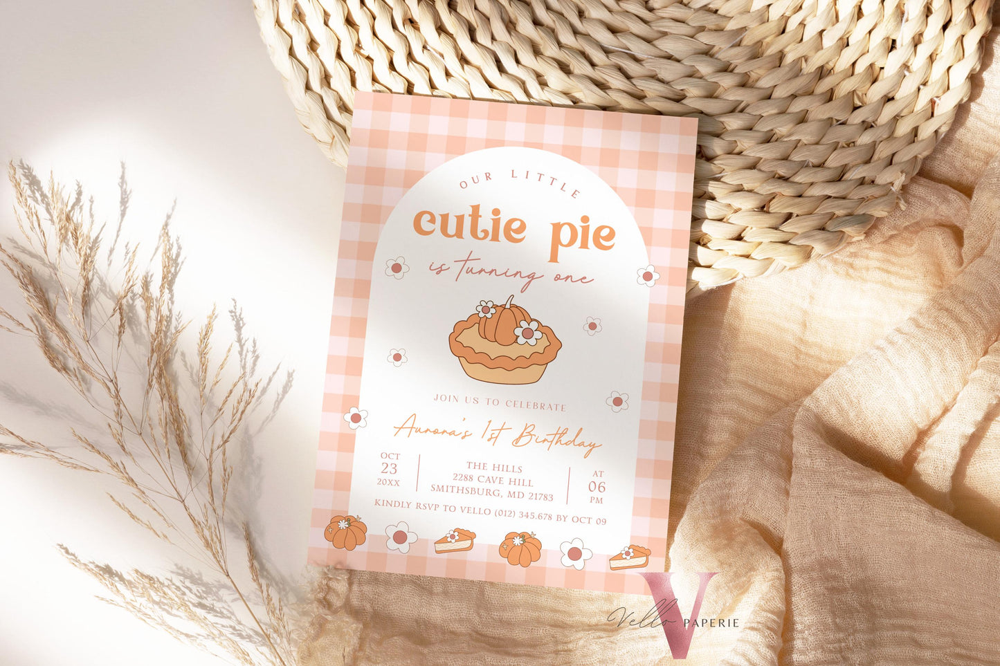 Cutie Pie ANY AGE Birthday Invitation | FALL Sweetie Pie Birthday Party Invite | Autumn Birthday | Gender Neutral Sweet Pie Gingham Birthday