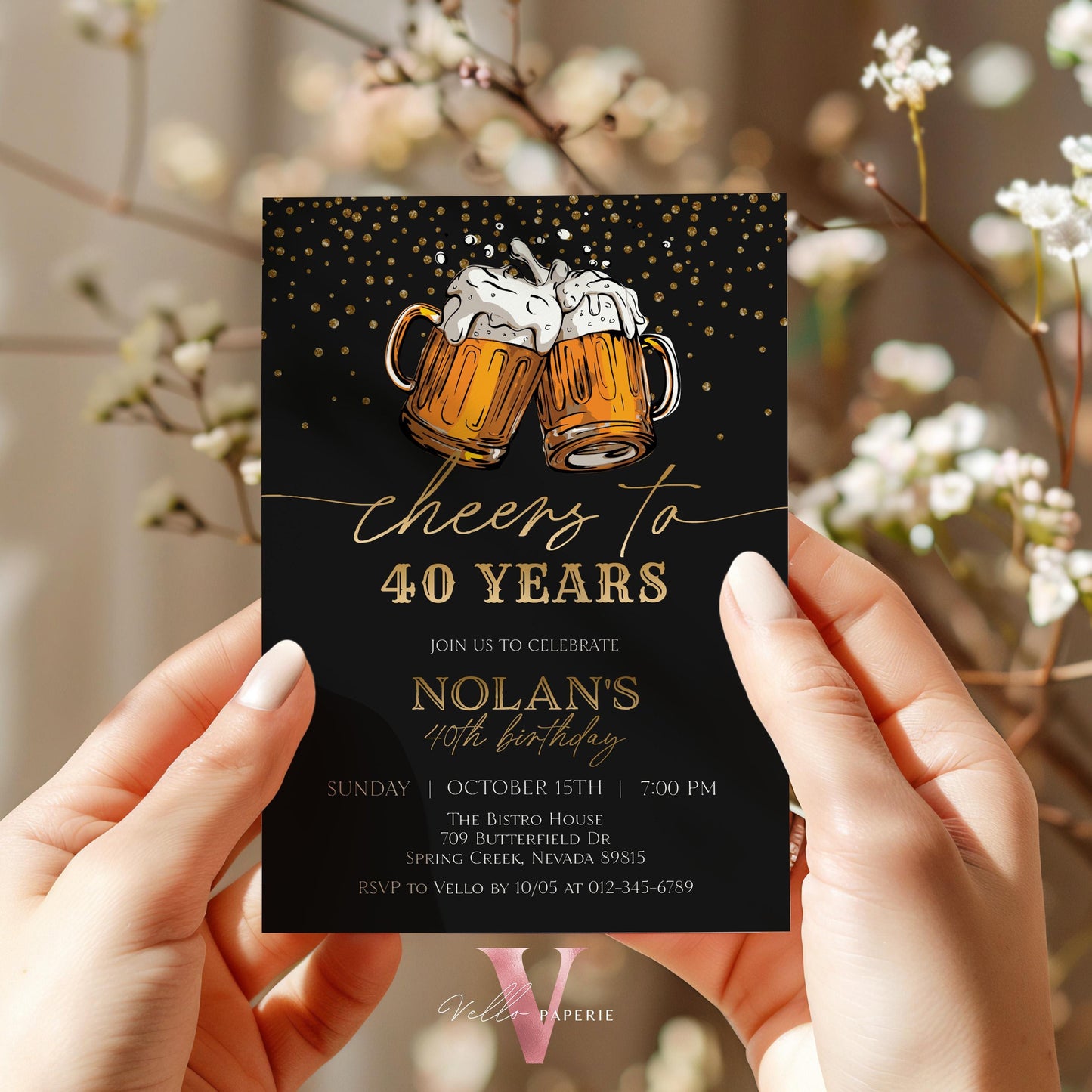 Cheers and Beers Birthday Party Invitation | 30th 40th 50th Beer Surprise Birthday Invite | Editable Printable Sparkle Gold Black Adult