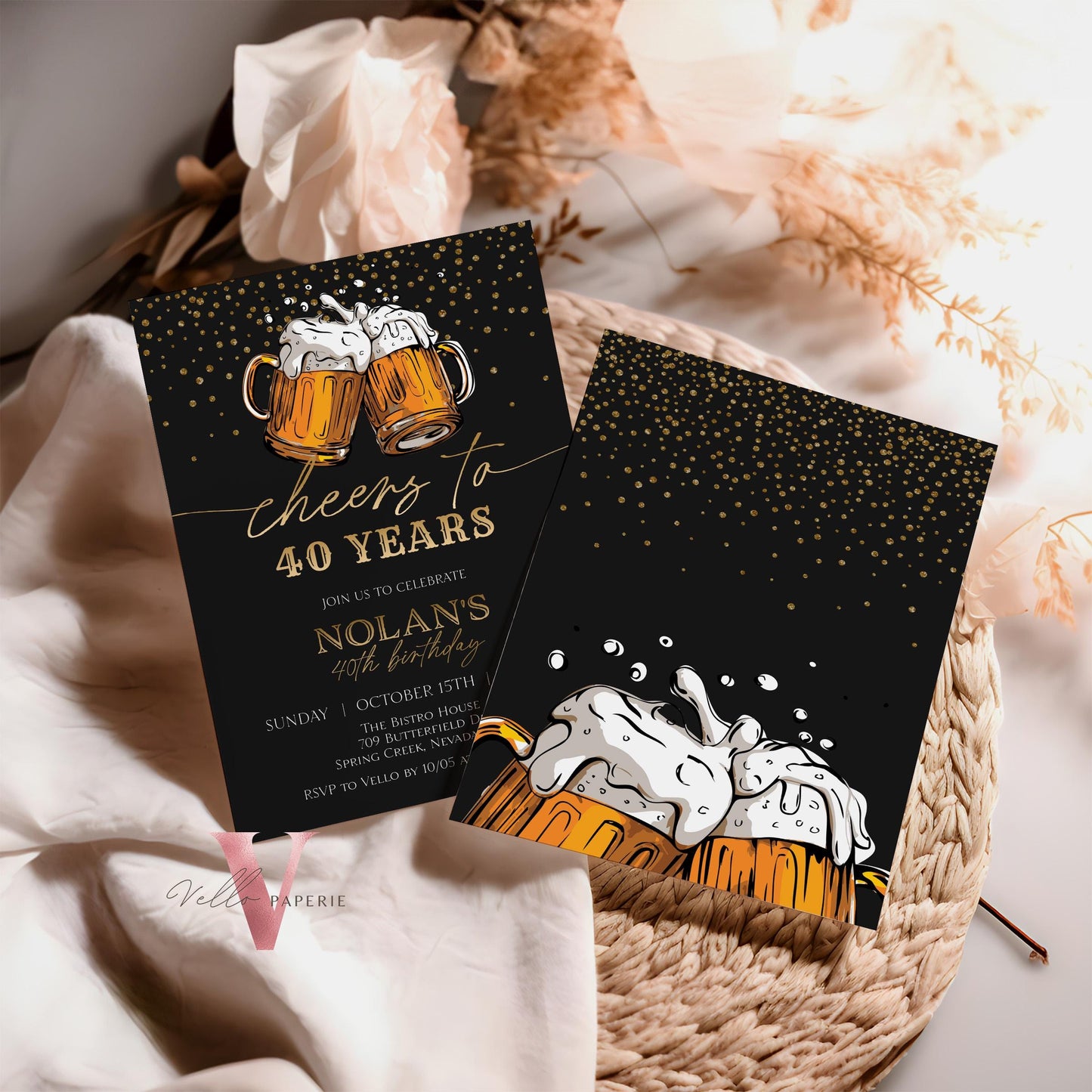 Cheers and Beers Birthday Party Invitation | 30th 40th 50th Beer Surprise Birthday Invite | Editable Printable Sparkle Gold Black Adult