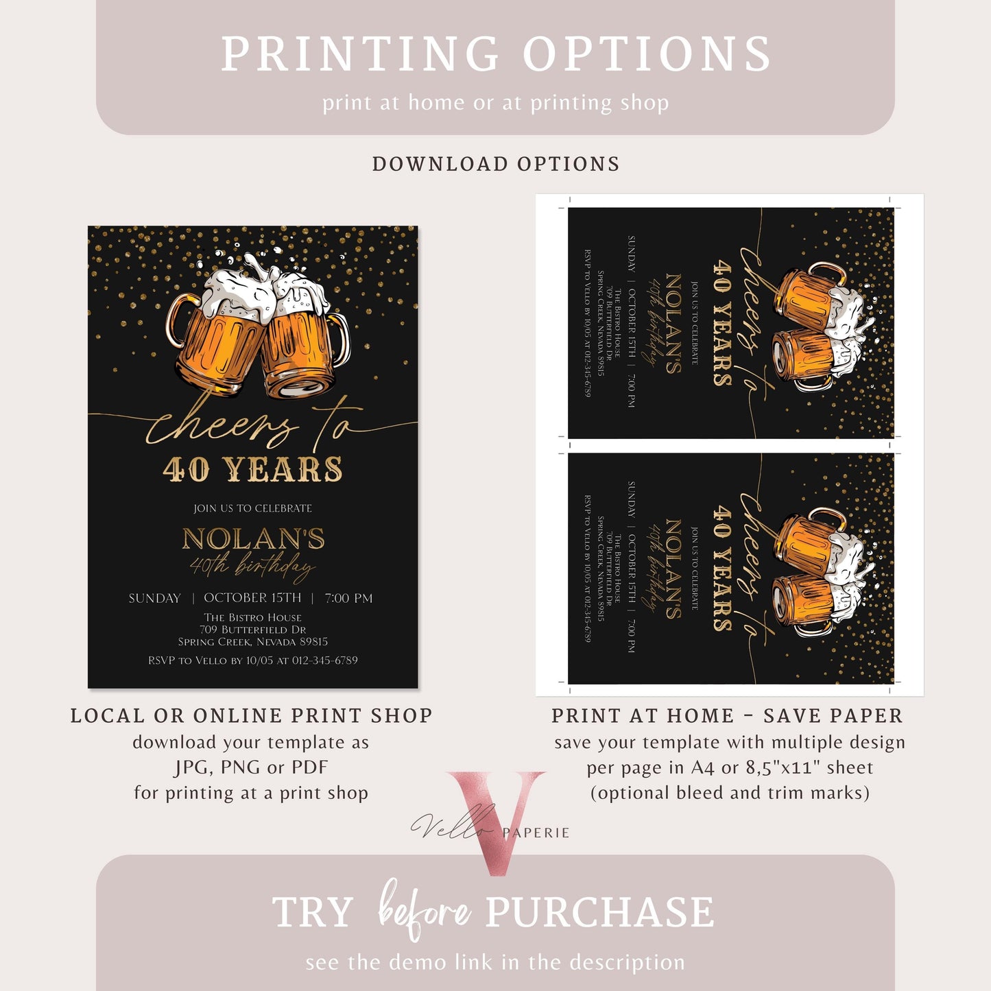 Cheers and Beers Birthday Party Invitation | 30th 40th 50th Beer Surprise Birthday Invite | Editable Printable Sparkle Gold Black Adult