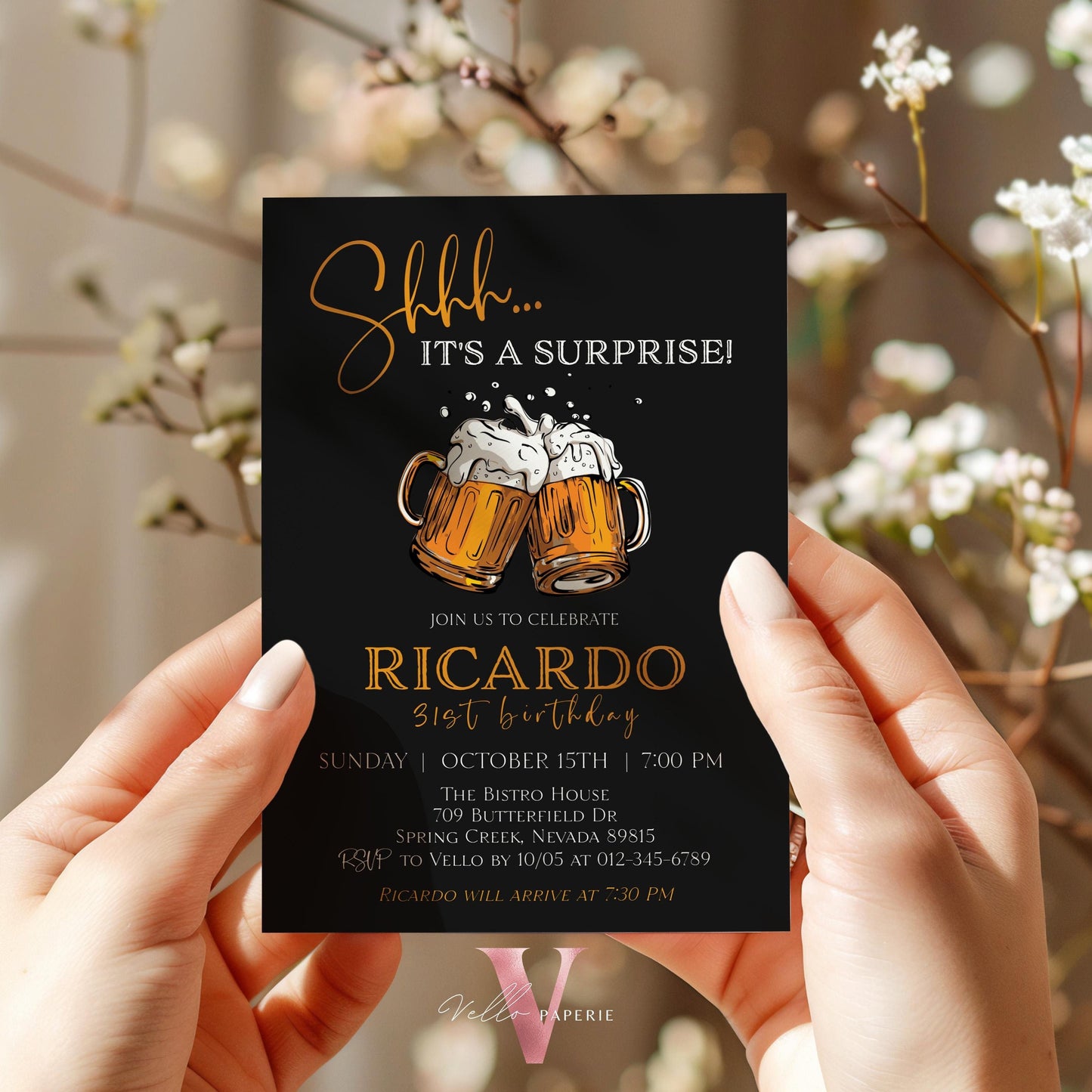 Beer Surprise Birthday Party Invitation | 30th 40th 50th Adult Birthday Invite | Self Editable Gold Black Adult Printable Instant Template