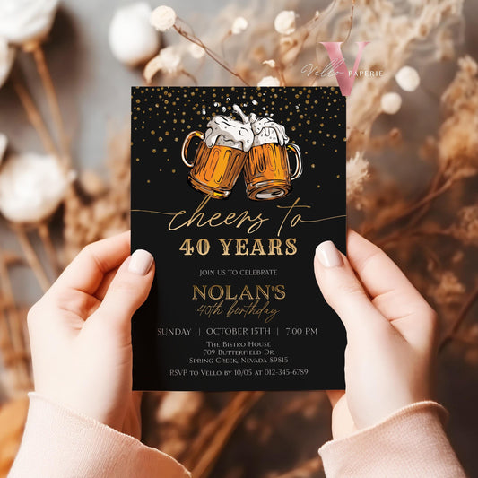 Cheers and Beers Birthday Party Invitation | 30th 40th 50th Beer Surprise Birthday Invite | Editable Printable Sparkle Gold Black Adult