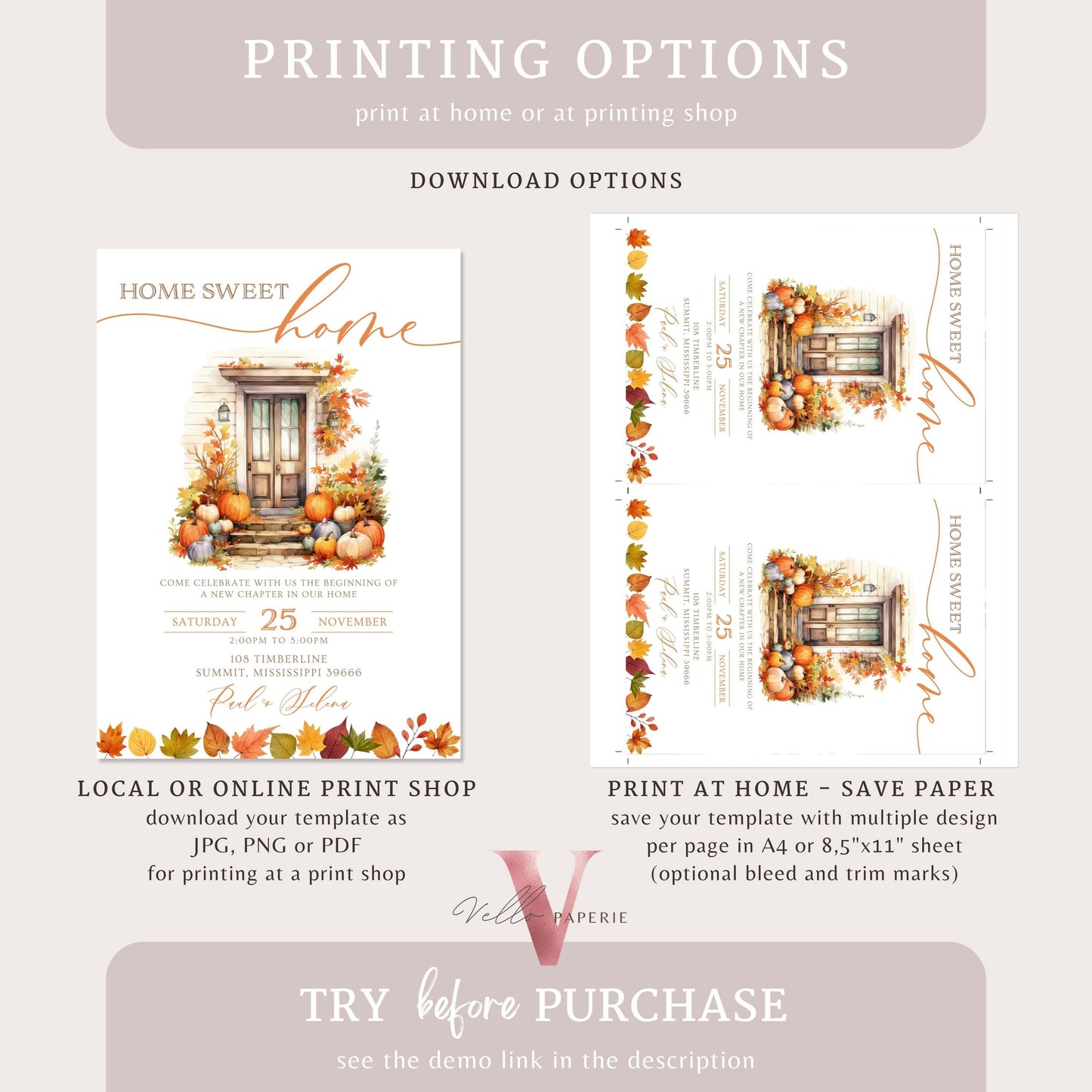 Autumn Floral House Warming Invitation | FALL Boho Pumpkin Home Sweet Home Party Invite | Modern Rustic New House Celebration Fall Flower