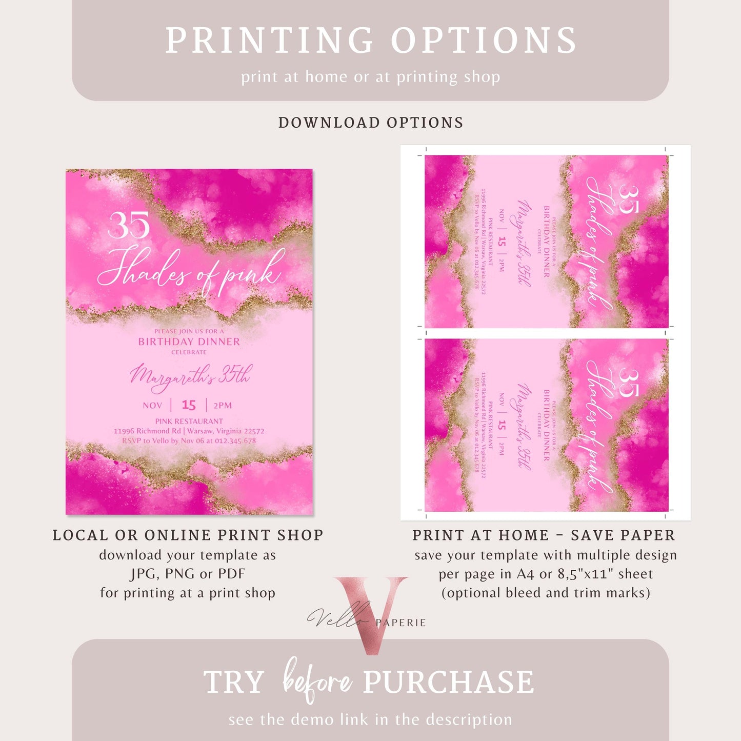 Any Age Shades of Pink Invitation | Editable Printable Pink with Gold Birthday Party Invitation | Agate Birthday Dinner Invite Pink Abstract