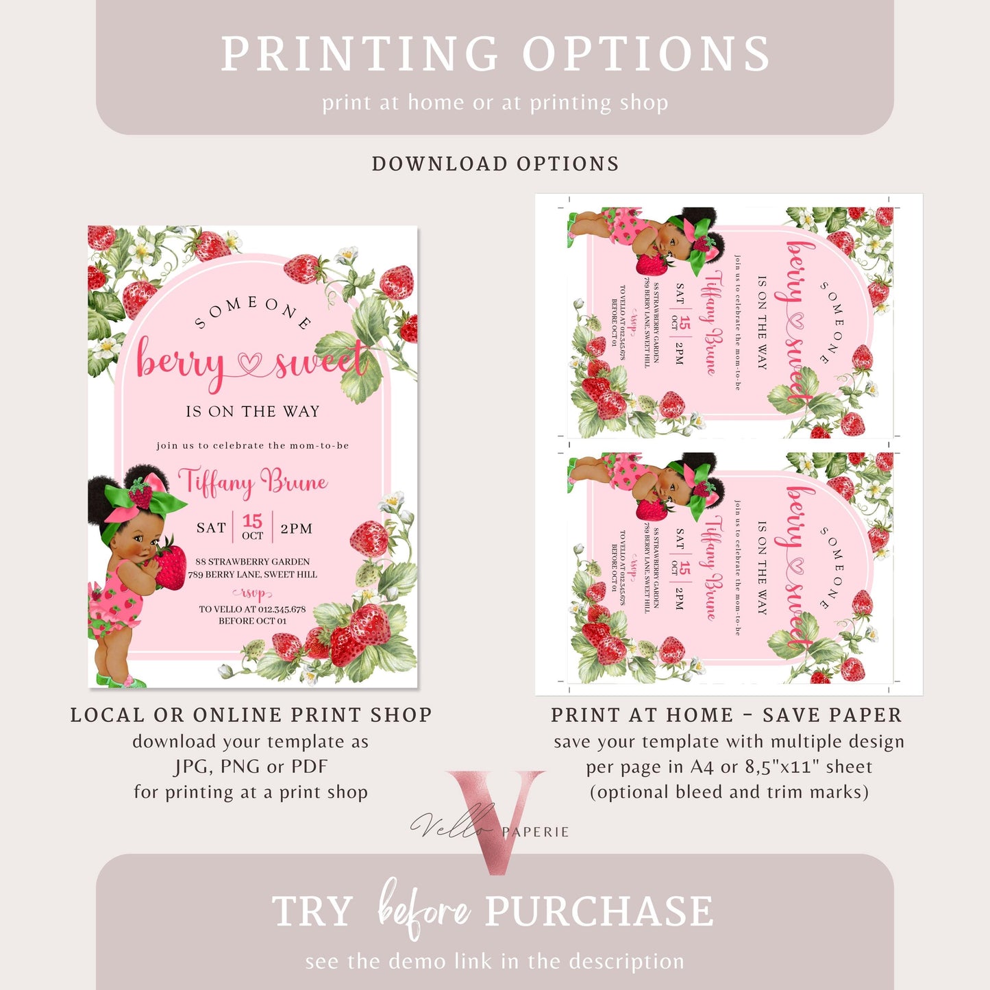 Any Skin Tone Strawberry Baby Shower Invitation | Berry Sweet Baby on the Way Invite | Sweet Berry Baby Shower Invite | Baby Girl Reveal