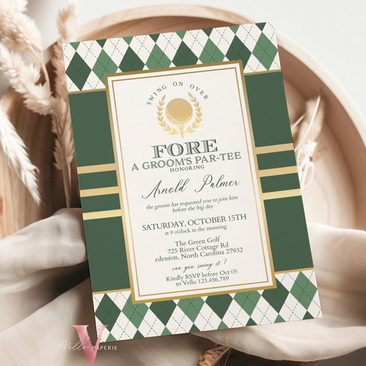 White Green Gold GOLF Grooms Par-tee Invitation | Emerald Green Golf Themed Par-tee FORE the Bride and Groom | Golf Couple, Wedding Shower