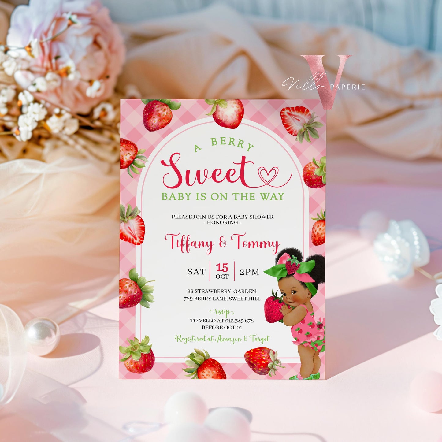 Any Skin Tone Strawberry Baby Shower Invitation | Berry Sweet Baby on the Way Invite | Sweet Berry Baby Shower Invite | Baby Girl Reveal