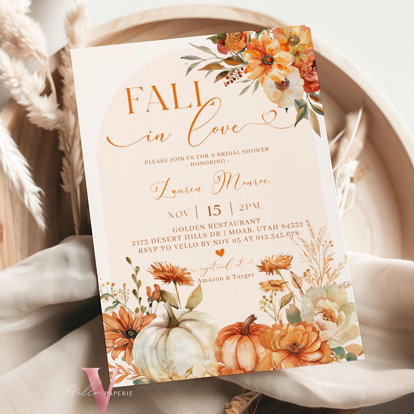 Pumpkin Fall In Love Bridal Shower Invitation | Editable Autumn Flower Bride Shower Invite | Modern Terracota Rustic Flower Wedding Shower