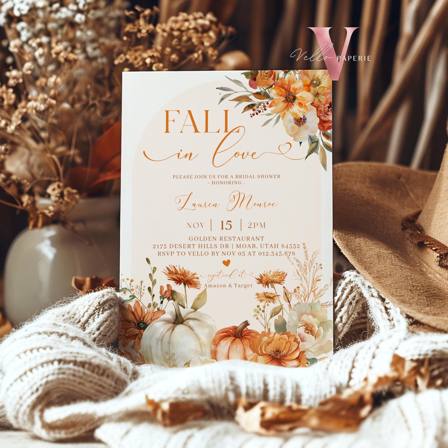 Pumpkin Fall In Love Bridal Shower Invitation | Editable Autumn Flower Bride Shower Invite | Modern Terracota Rustic Flower Wedding Shower