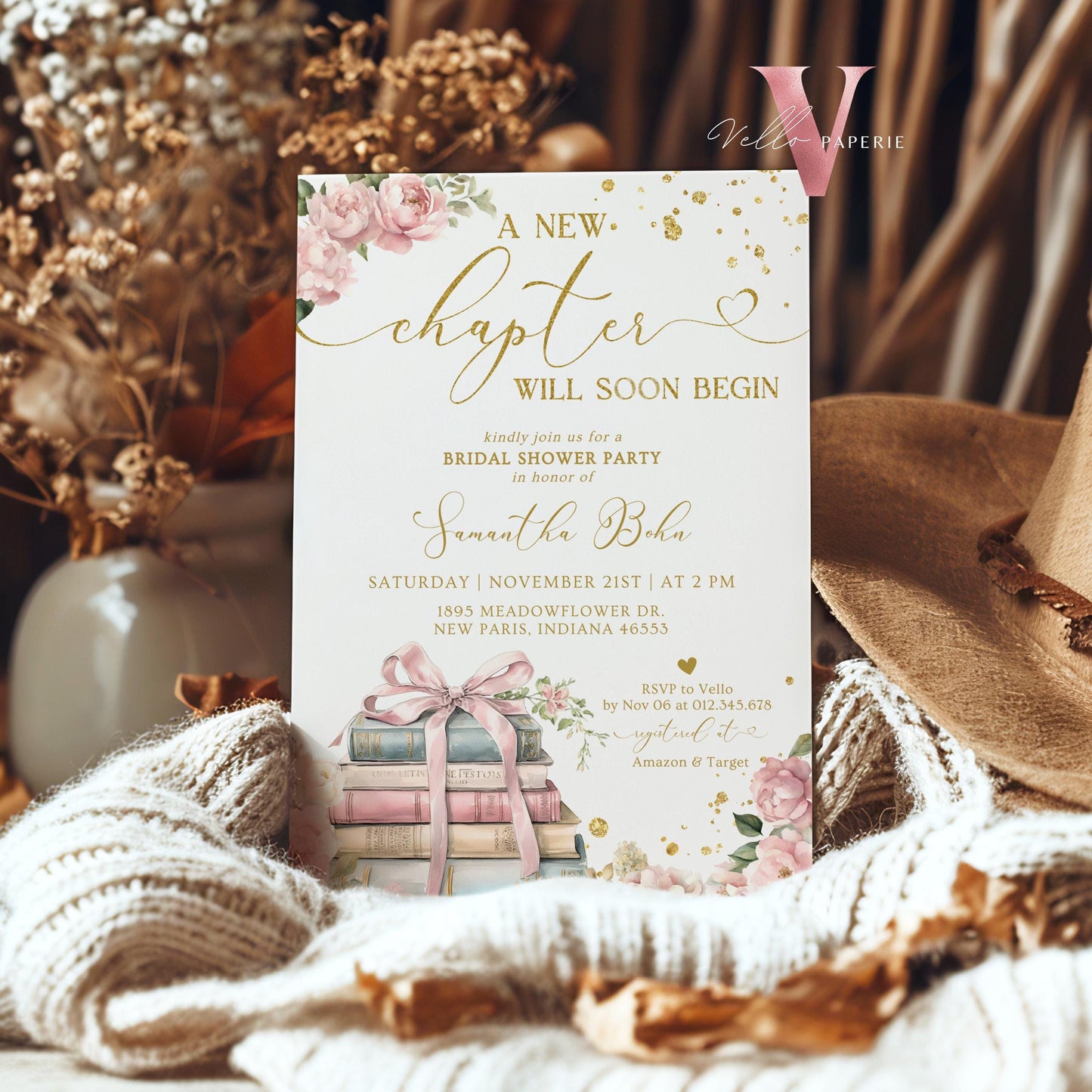 Neutral Gold Storybook Bridal Shower Invitation | New Chapter is About to Begin Book Bridal Shower Invite | Book Lover Baby Shower Editable