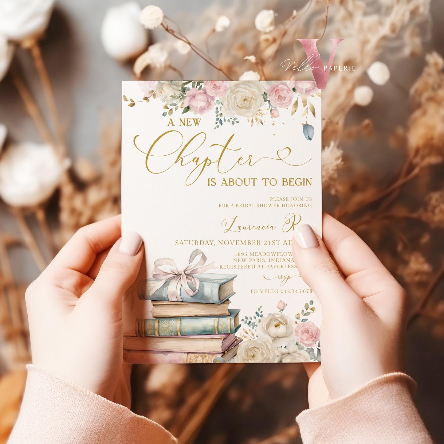 Neutral Gold Storybook Bridal Shower Invitation | New Chapter is About to Begin Book Bridal Shower Invite | Book Lover Bride Shower Editable