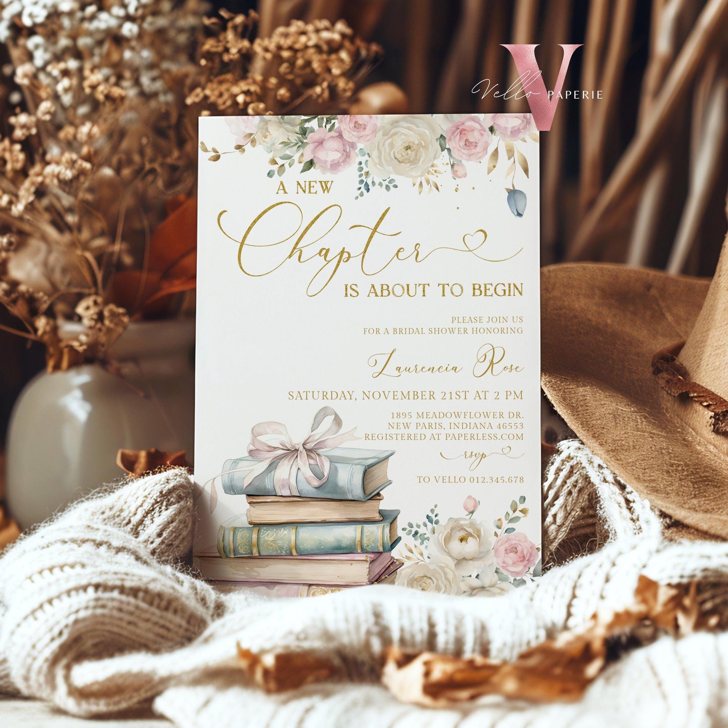 Neutral Gold Storybook Bridal Shower Invitation | New Chapter is About to Begin Book Bridal Shower Invite | Book Lover Bride Shower Editable