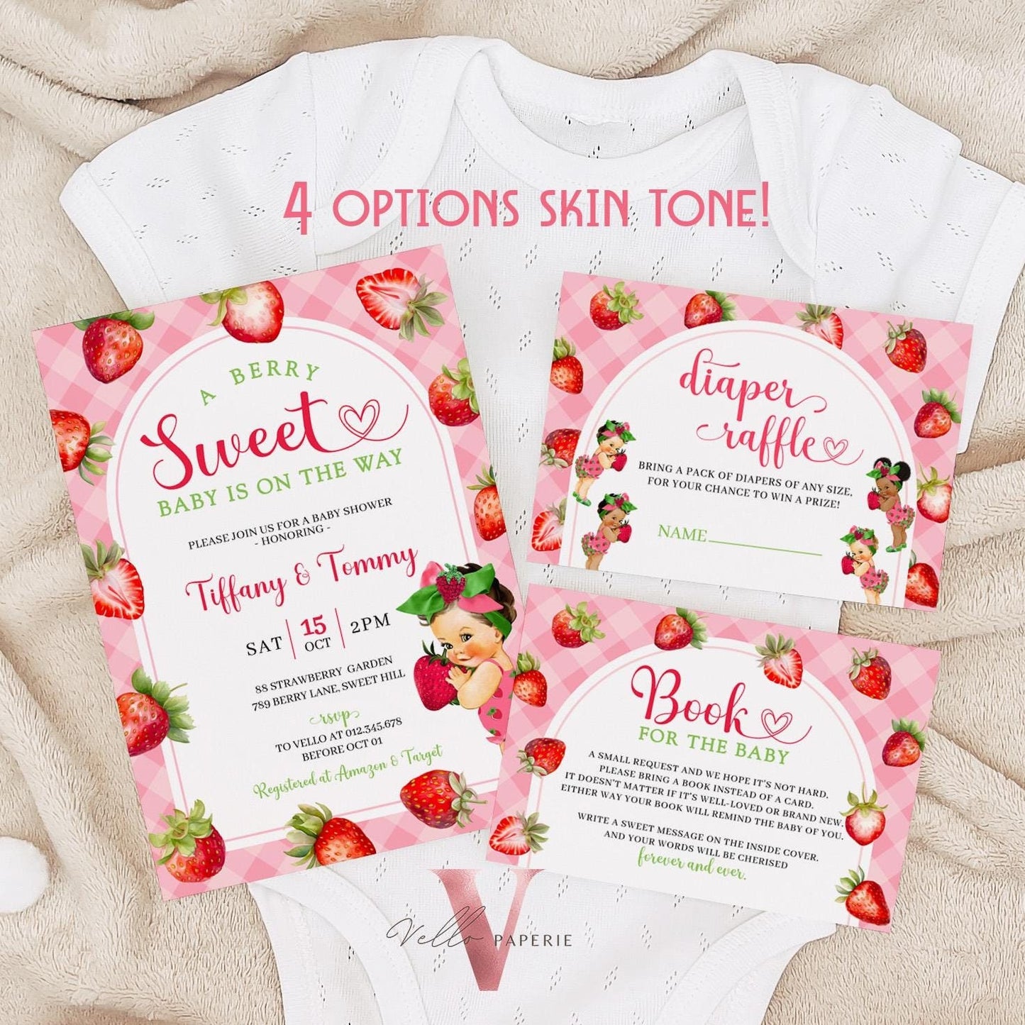 Any Skin Tone Strawberry Baby Shower Invitation | Berry Sweet Baby on the Way Invite | Sweet Berry Baby Shower Invite | Baby Girl Reveal