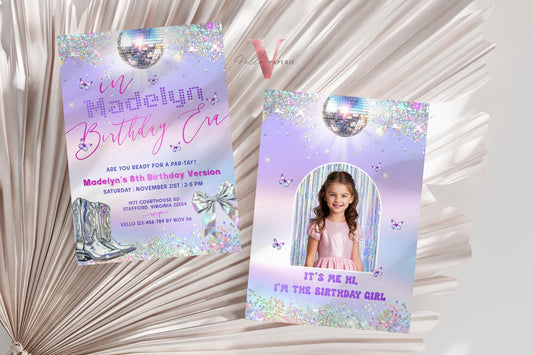 Swifti Par-Tay Birthday Party Invitation Photo | Purple Silver Sparkle Taylor Eras Music Party Invite | It's Me Hi, In My Birthday Era TSP01