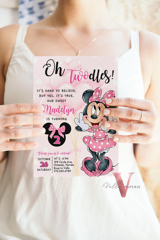 Free Thankyou Tag Oh TWOdles Minnie Mouse Birthday Invitation, Light Pink Polka Dot Invite, 2 year old Girl Second Birthday Instant  MMB02