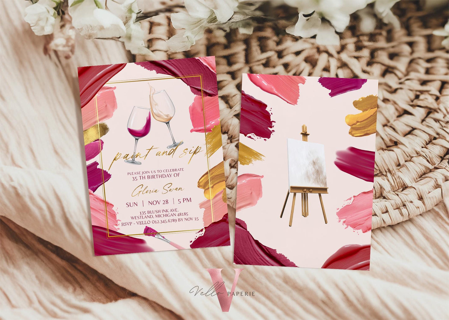 Burgundy Gold Paint and Sip Birthday Invitation | Editable Any Age 30th 40th 50th Oil Painting & Sip Party Invite | Creative Activity Party