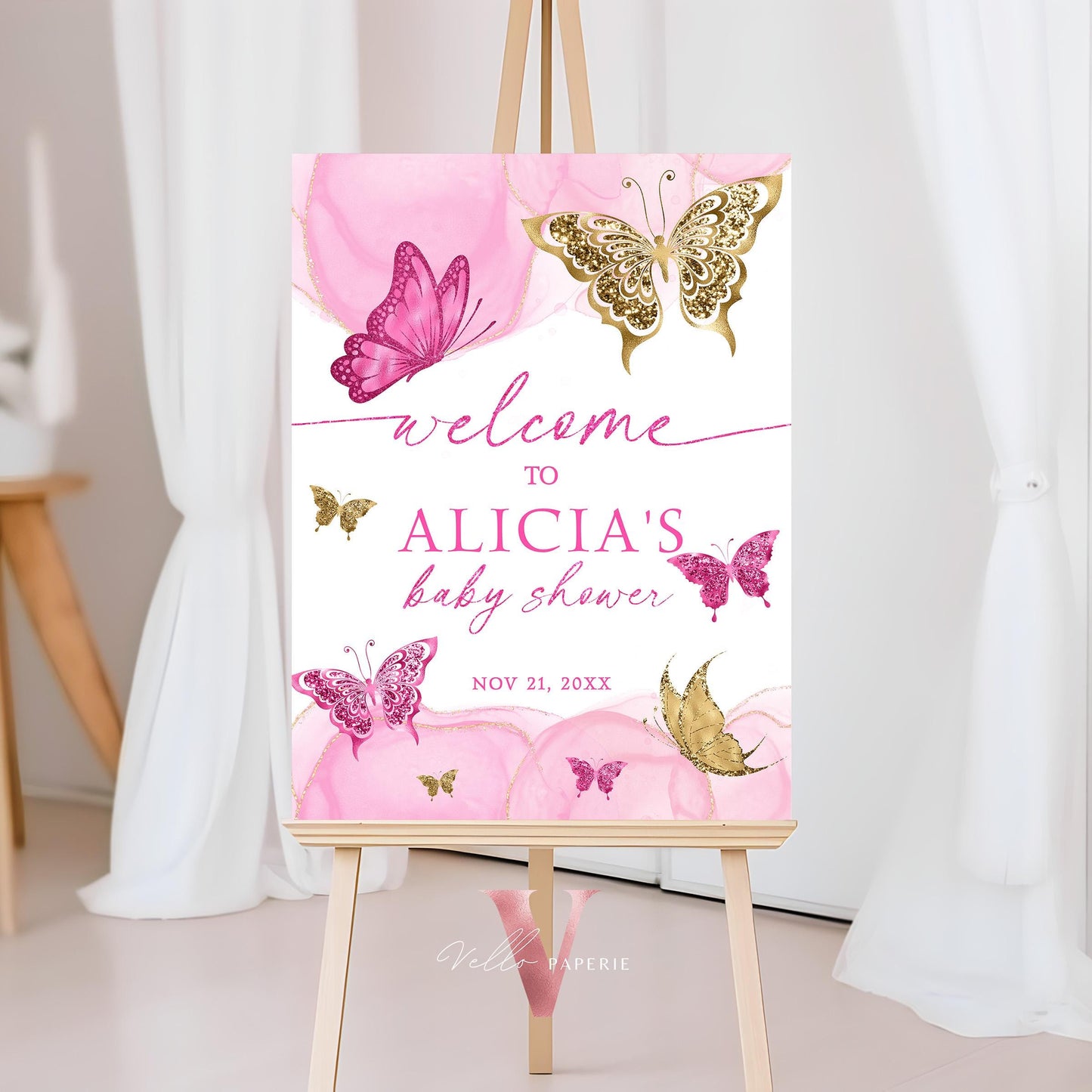 Pink Gold Watercolor Butterfly Baby Shower Welcome Sign | Baby Butterfly Welcome Party Sign | Pink Gold Butterfly Party Decor