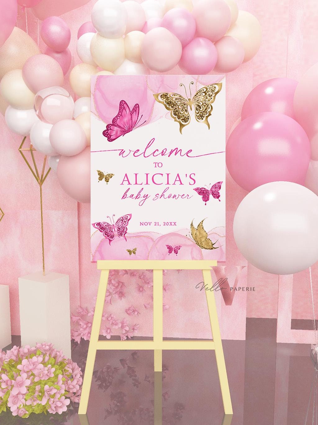 Pink Gold Watercolor Butterfly Baby Shower Welcome Sign | Baby Butterfly Welcome Party Sign | Pink Gold Butterfly Party Decor