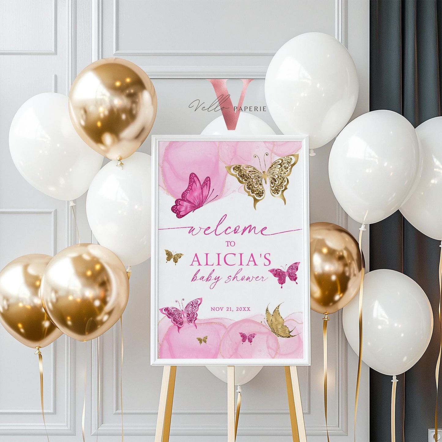 Pink Gold Watercolor Butterfly Baby Shower Welcome Sign | Baby Butterfly Welcome Party Sign | Pink Gold Butterfly Party Decor