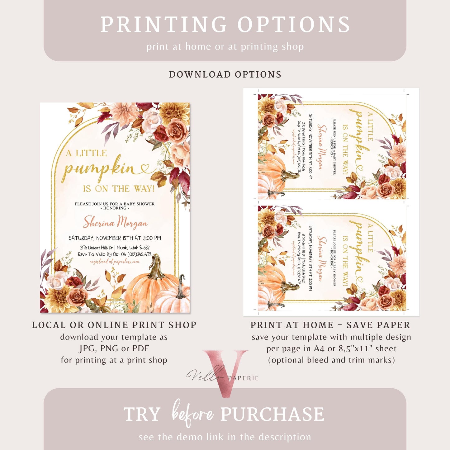 Little Pumpkin Fall Baby Shower Complete BUNDLE | Editable Autumn Floral Pumpkin Set | Gold Baby Shower Invitation PARTY FAVORS Decor FPB01