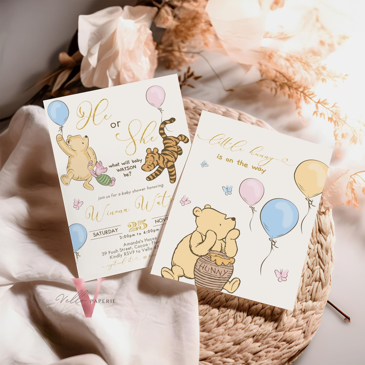 Winnie the Pooh Baby Shower Invitation | Editable Printable Beige Gold Pooh Baby Shower Party Invite | Honey Bee Gender Reveal Party Invite