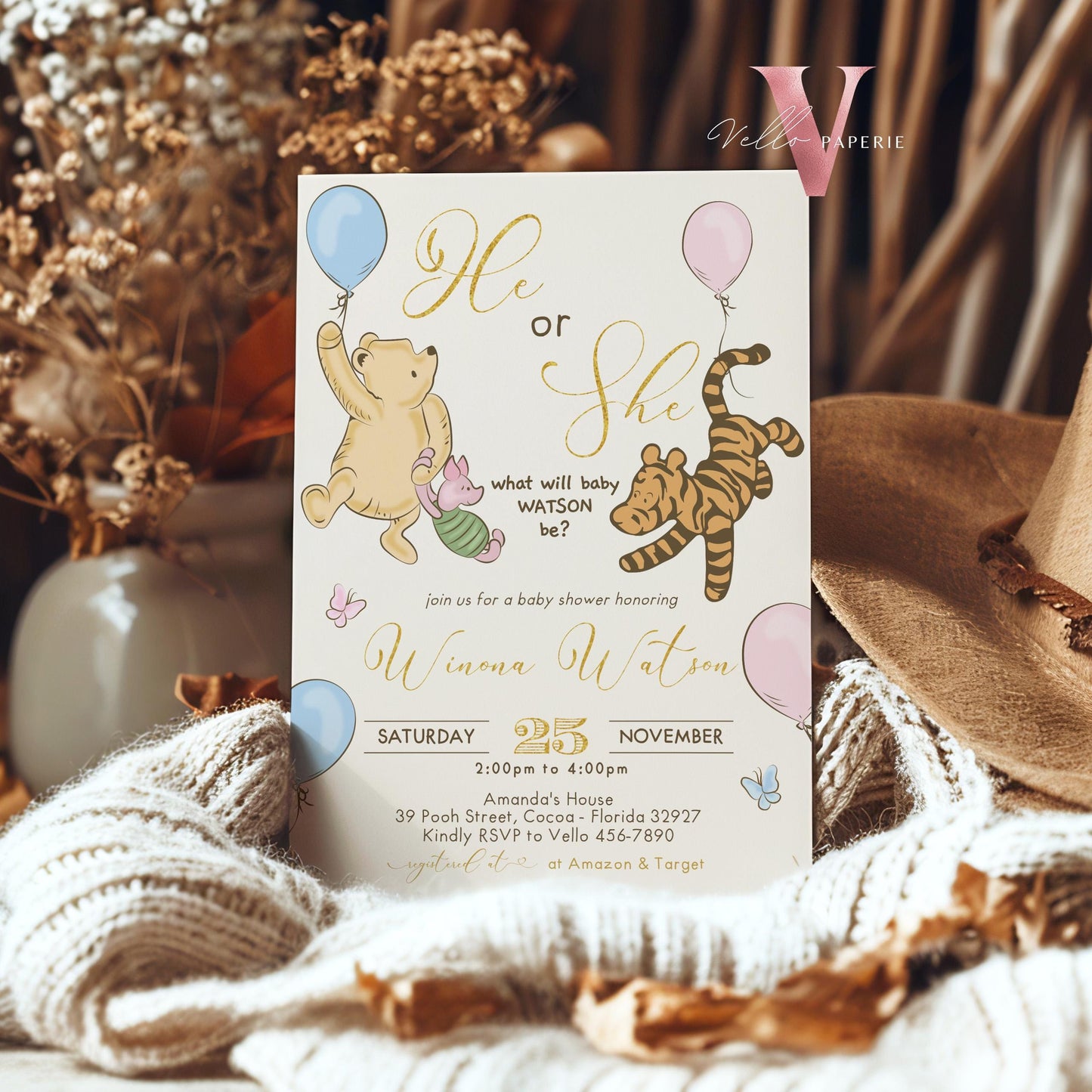 Winnie the Pooh Baby Shower Invitation | Editable Printable Beige Gold Pooh Baby Shower Party Invite | Honey Bee Gender Reveal Party Invite