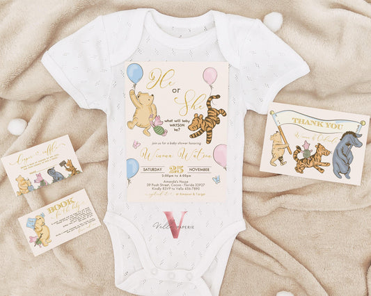 Winnie the Pooh Baby Shower Invitation | Editable Printable Beige Gold Pooh Baby Shower Party Invite | Honey Bee Gender Reveal Party Invite