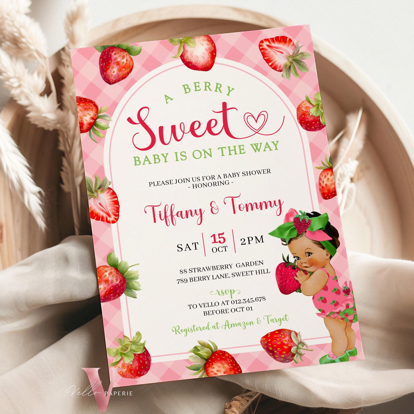 Any Skin Tone Strawberry Baby Shower Invitation | Berry Sweet Baby on the Way Invite | Sweet Berry Baby Shower Invite | Baby Girl Reveal