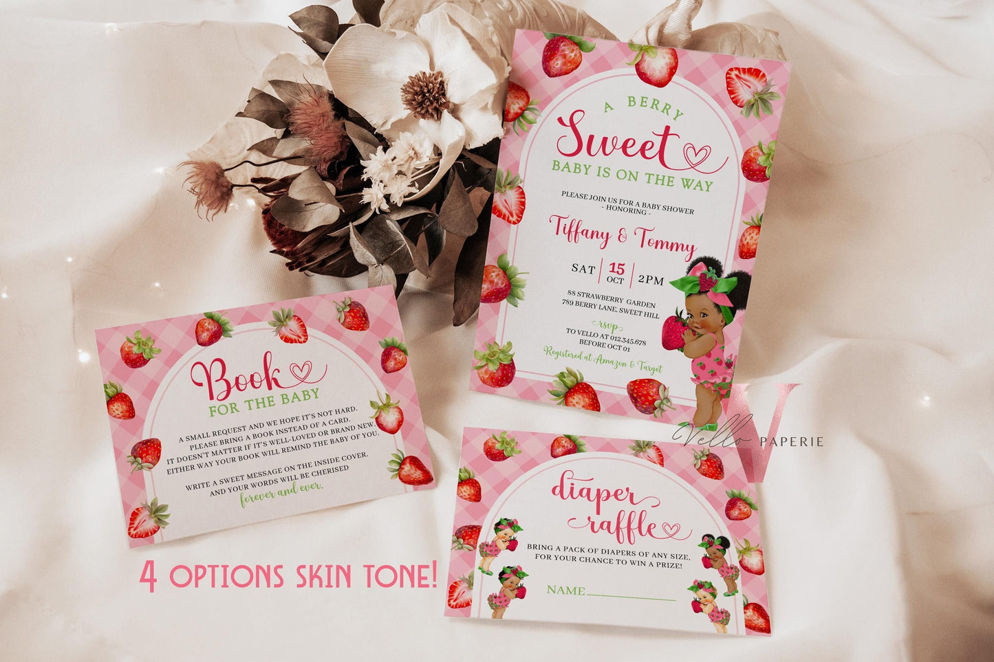 Any Skin Tone Strawberry Baby Shower Invitation | Berry Sweet Baby on the Way Invite | Sweet Berry Baby Shower Invite | Baby Girl Reveal